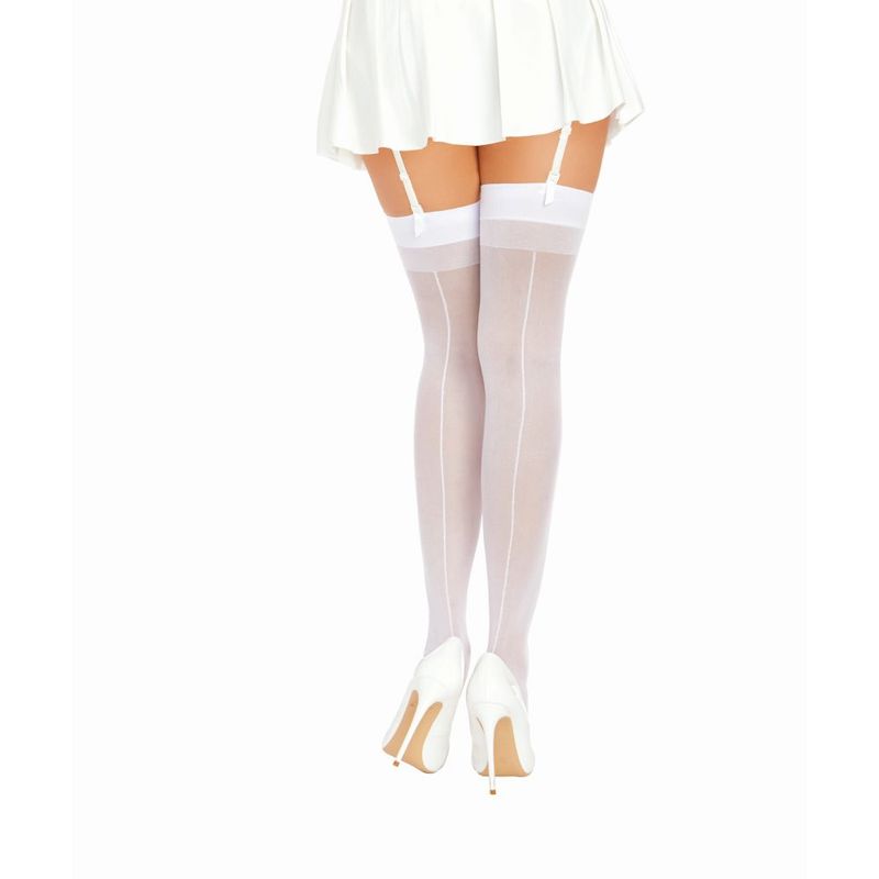 Dreamgirl Back Seam Sheer Thigh High Stockings Black displayed on legs, showcasing elegance and sensuality in adult fashion.
