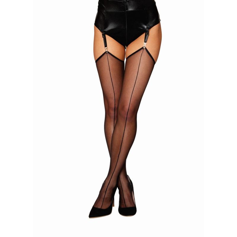 Model showcasing Dreamgirl raw edge sheer thigh high stockings black with back seam details.