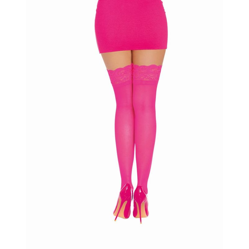 Dreamgirl pink thigh high silicone stockings with lace top, perfect for adding a pop of color to your outfit.
