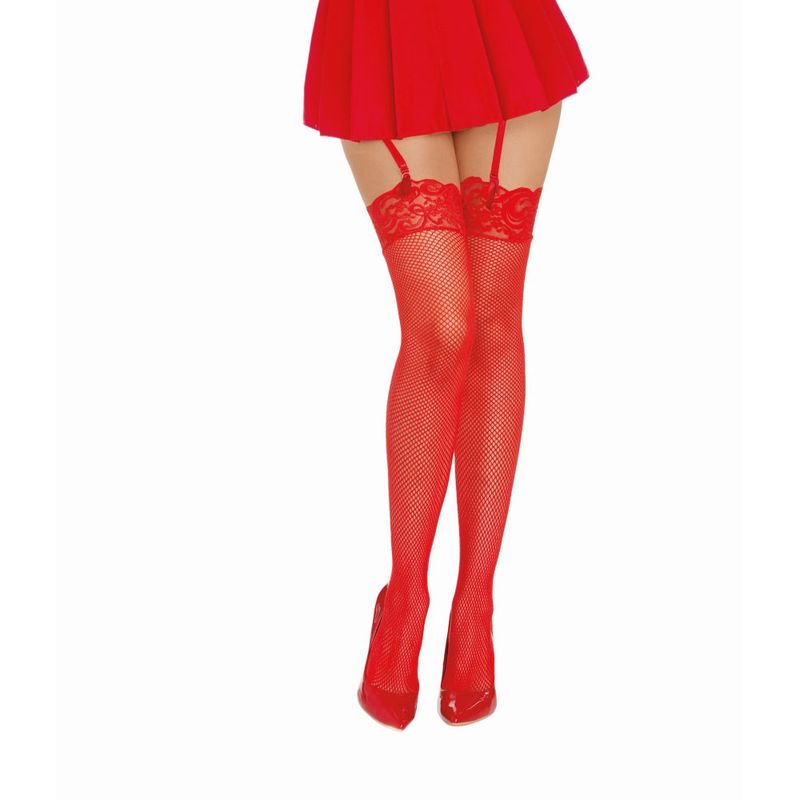 Dreamgirl Thigh High Fishnet Stockings Black, red fishnet stockings with lace top, perfect for intimate occasions.