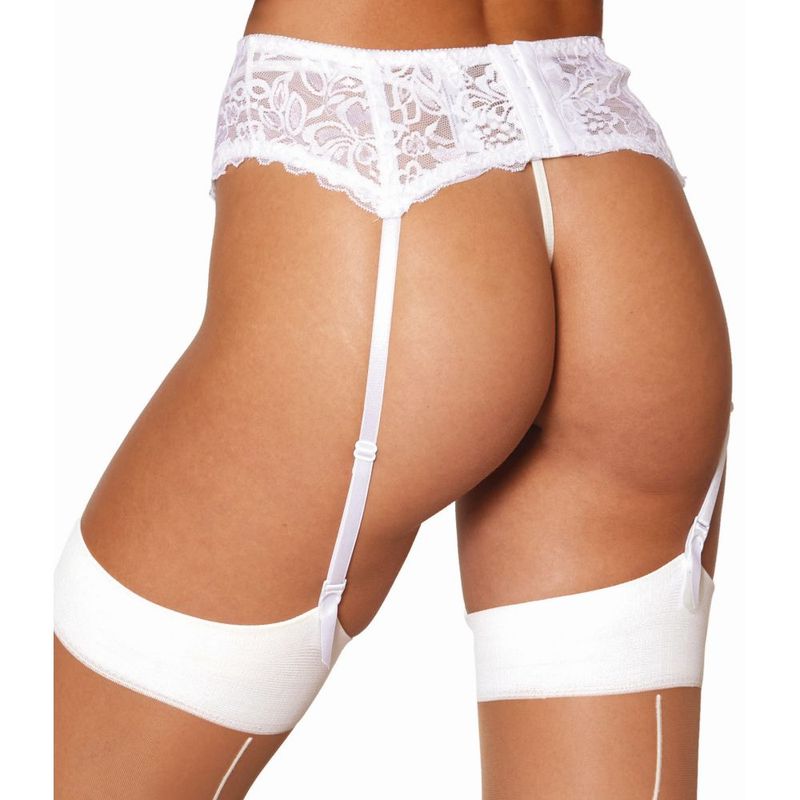 White lace garter belt with scalloped hem and adjustable straps. Perfect addition to lingerie collection.