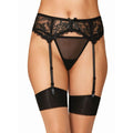 Black lace garter belt featuring stretch lace with scalloped hem and hook & eye back closure.