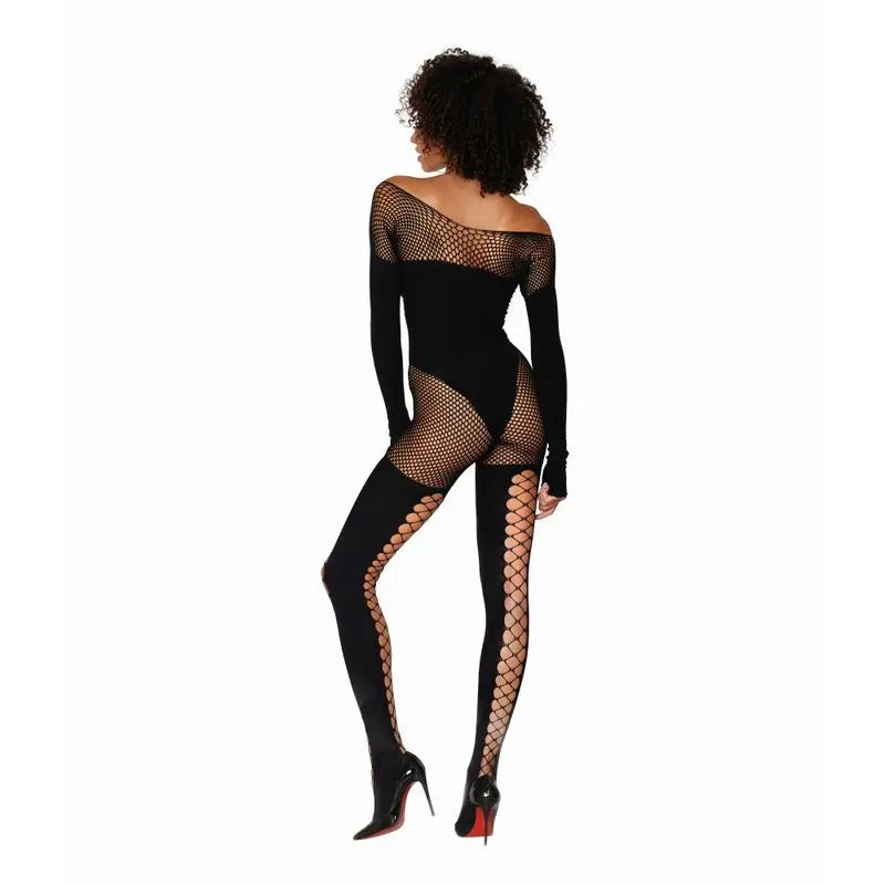 Dreamgirl Seamless Opaque and Fishnet Bodystocking Black Dreamgirl Discreet Intimate Essentials.