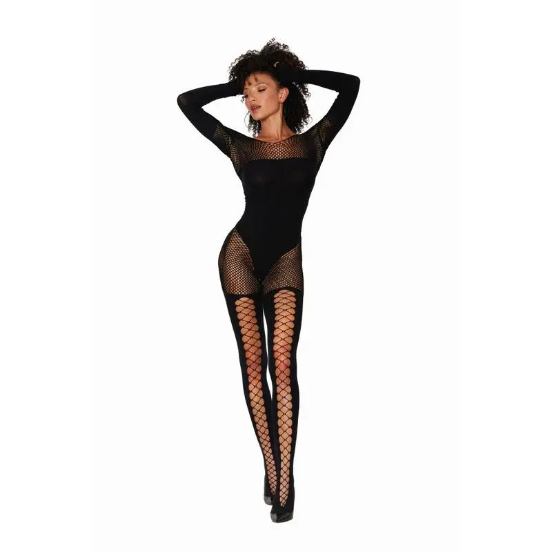 Dreamgirl Seamless Opaque and Fishnet Bodystocking Black Dreamgirl Discreet Intimate Essentials.