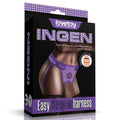 Easy Strap on Harness Polka Dot Purple on packaging featuring adjustable strap on harness for unisex use.