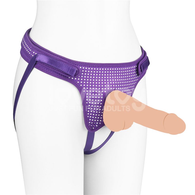 Adjustable strap on harness in polka dot purple, designed for comfort and easy use.