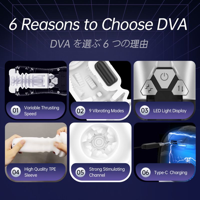6 Reasons to Choose DVA: Variable Thrusting Speed, 9 Vibrating Modes, LED Light Display, High Quality TPE Sleeve, Strong Stimulating Channel, Type-C Charging