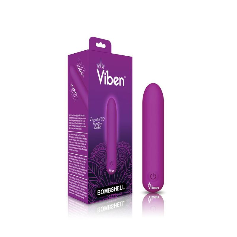 Bombshell 5 Speed USB rechargeable bullet vibrator in purple packaging with control button from Viben.