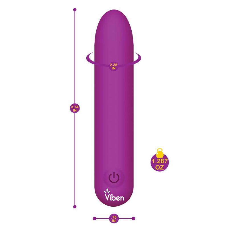USB rechargeable bullet vibrator in purple, showcasing dimensions and lightweight design.