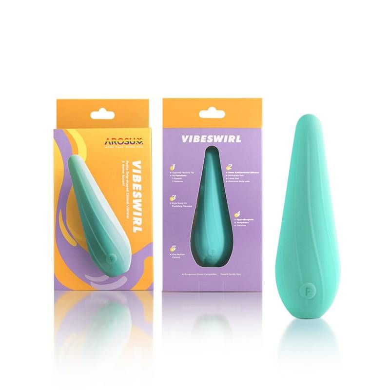 VibeSwirl Drip Shape Rechargeable Vibrator packaging and product, featuring a stylish design for a rechargeable clitoral vibrator.