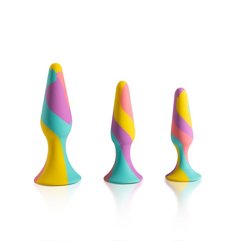TriPlugs 3 Pc Silicone Anal Training Kit featuring multi-colored silicone plugs in three sizes.