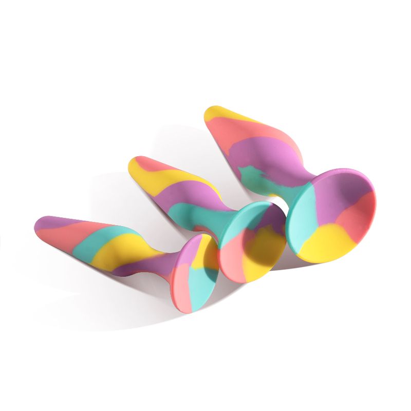TriPlugs 3 Pc Silicone Anal Training Kit featuring colorful silicone plugs in three sizes.