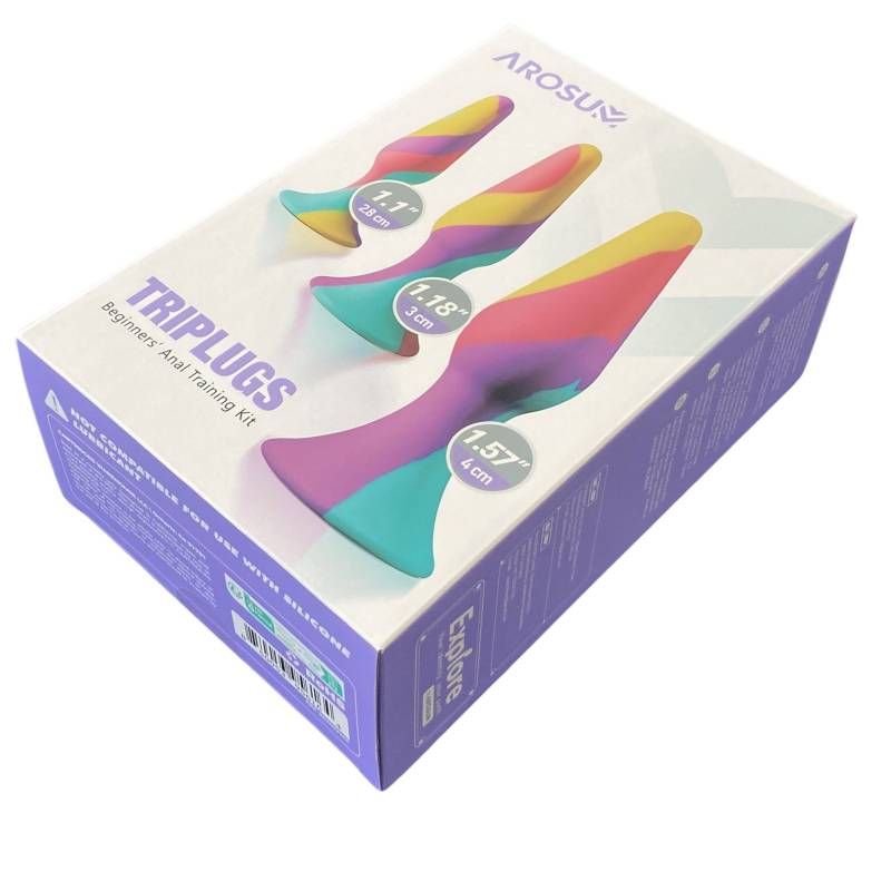 TriPlugs 3 Pc Silicone Anal Training Kit featuring colorful silicone butt plugs for progressive training.