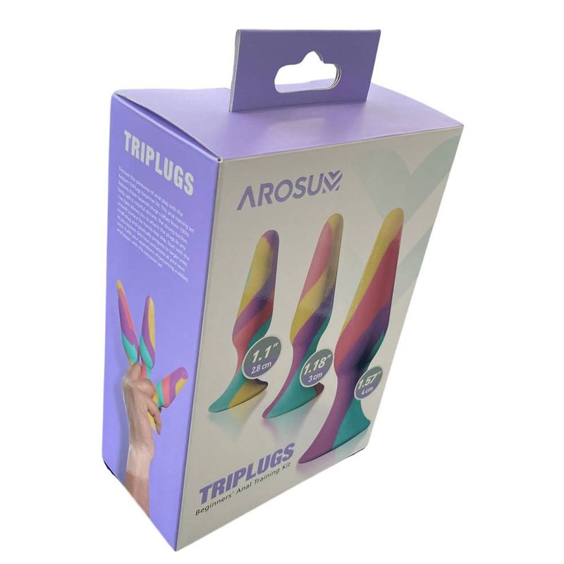 TriPlugs 3 Pc Silicone Anal Training Kit packaging showcasing colorful silicone butt plugs for anal training.