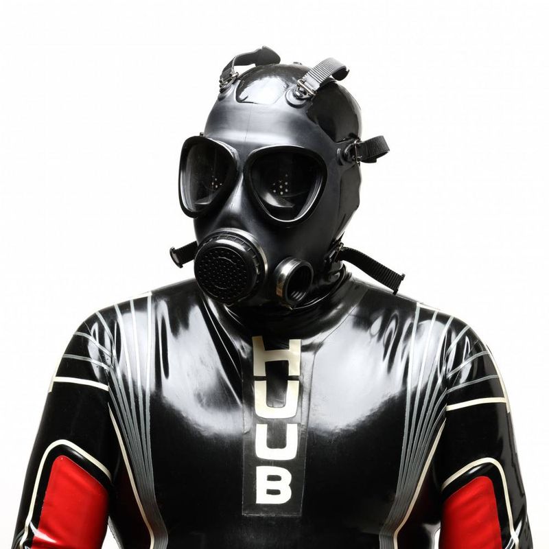 Military Adjustable Strap Rubber Gas Mask worn by a model in a sleek black bodysuit.