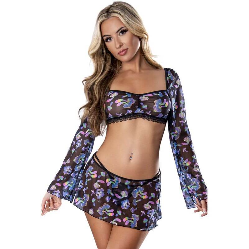 Mushroom crop top skirt set showcasing a model in a black mesh long sleeve crop top and matching mini skirt with vibrant mushroom print.