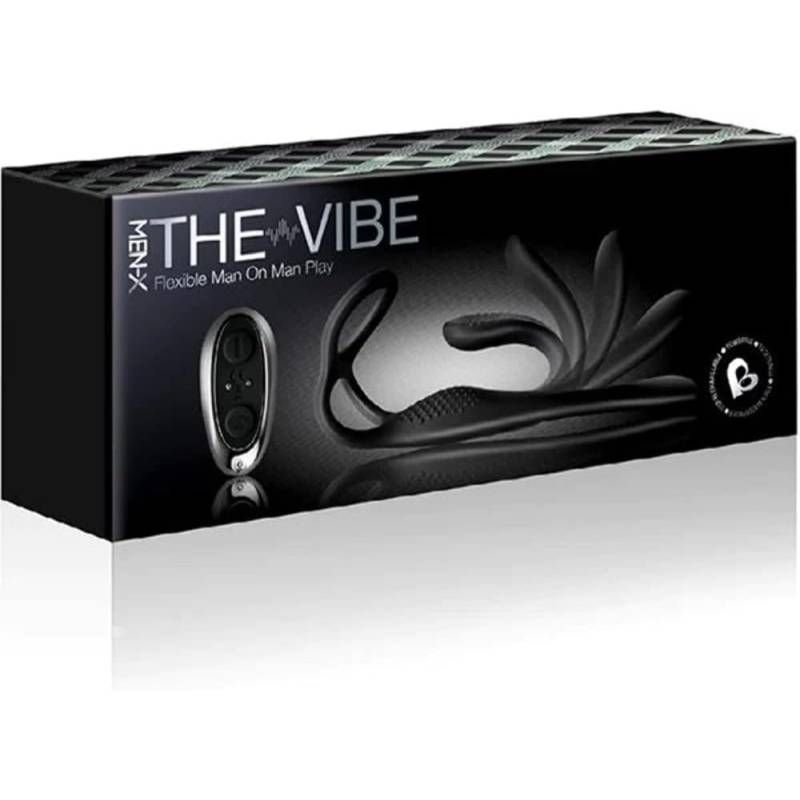The Vibe anal cock and ball stimulator packaging showcasing remote control and flexible design.