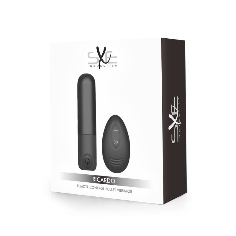 SXE Ricardo Remote Control Bullet Vibrator packaging with remote and vibrator, ideal for intimate essentials.