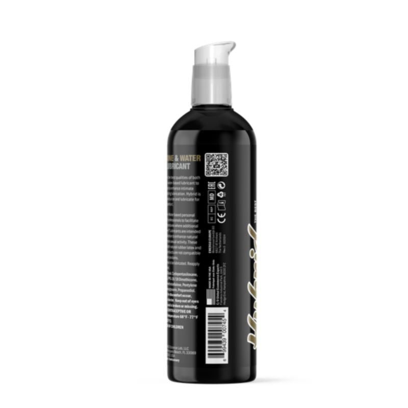 Swiss Navy Hybrid Lubricant 8oz bottle showcasing hybrid personal lubricant ingredients and usage details.