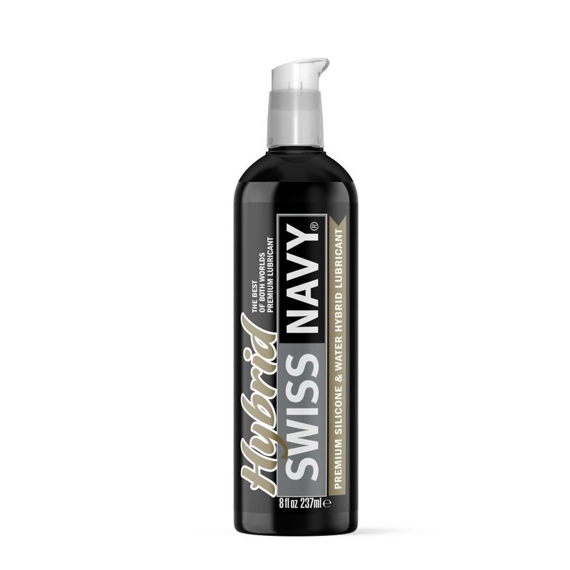 Swiss Navy Hybrid personal lubricant 8oz bottle featuring silicone and water-based blend.