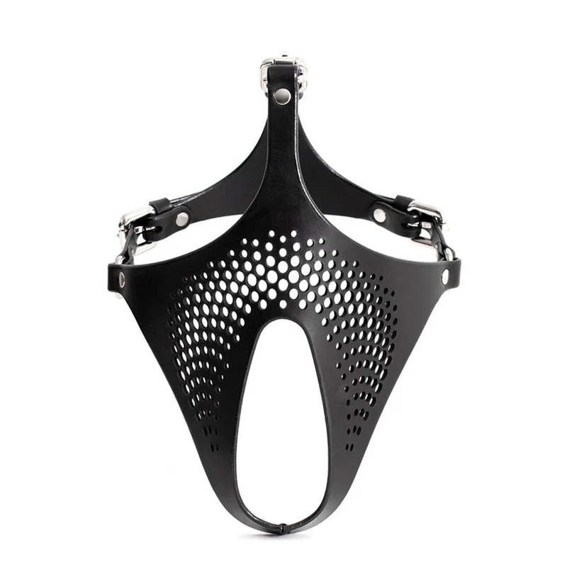 Ex Machina leather BDSM role play mask made of black genuine leather with adjustable metal buckles and open design.