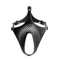 Ex Machina leather BDSM role play mask made of black genuine leather with adjustable metal buckles and open design.
