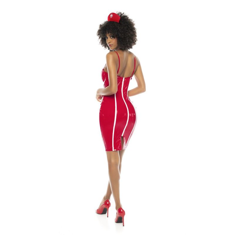 Nurse Costume Vinyl Red featuring a bold back design, ideal for Halloween parties, complete with headpiece.