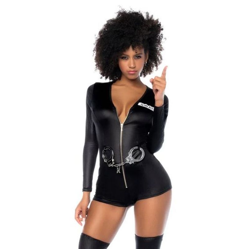 Nurse Costume Vinyl Red worn by a model showcasing a daring look with a zip-up design and handcuffs for a bold Halloween outfit.