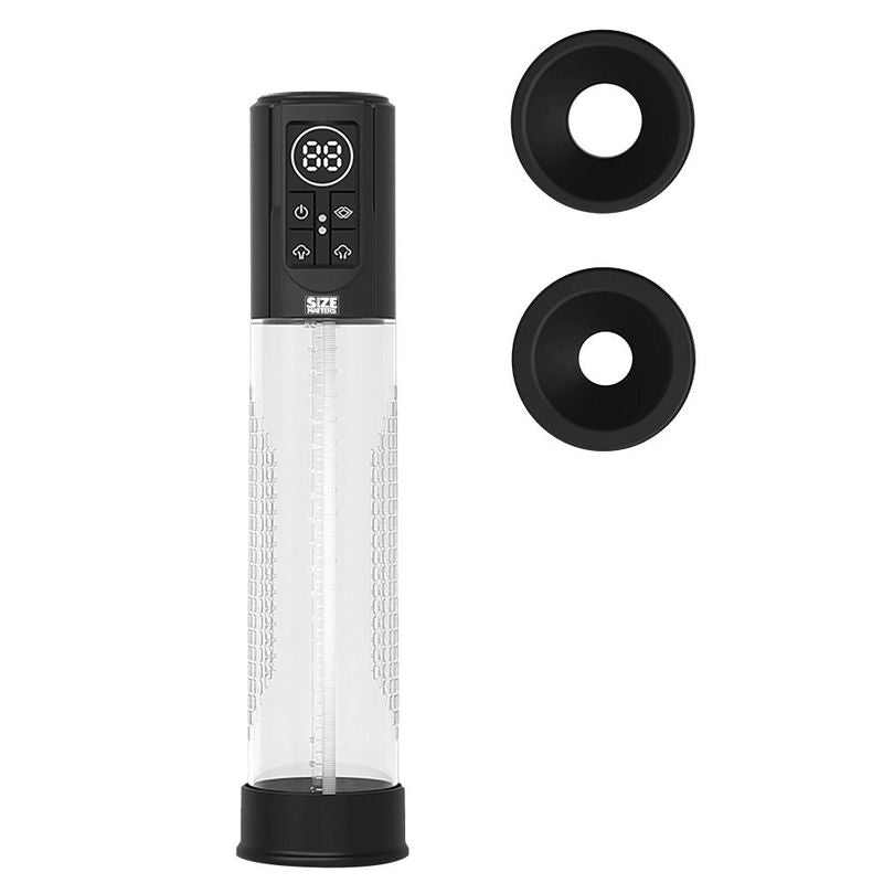 Automatic LCD USB penis pump with silicone sleeves for enhanced suction and pressure control.