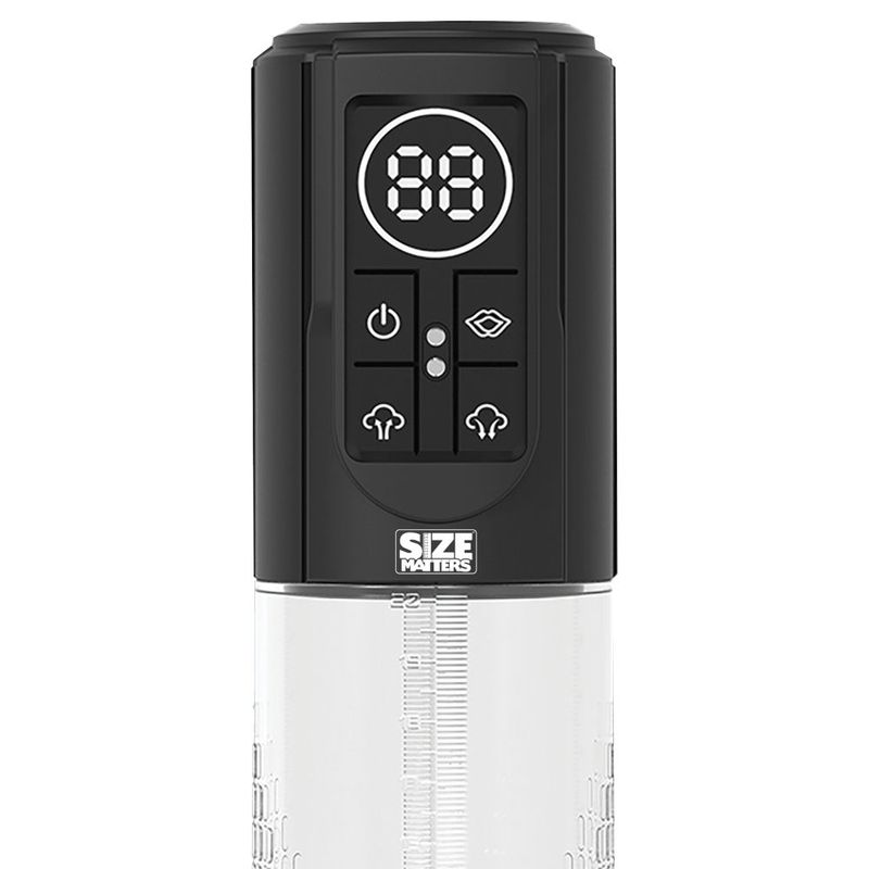 Automatic LCD USB penis pump display with pressure reading and control buttons.