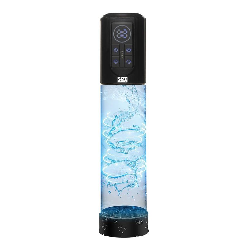 Automatic LCD USB penis pump with clear chamber and control display for pressure monitoring.