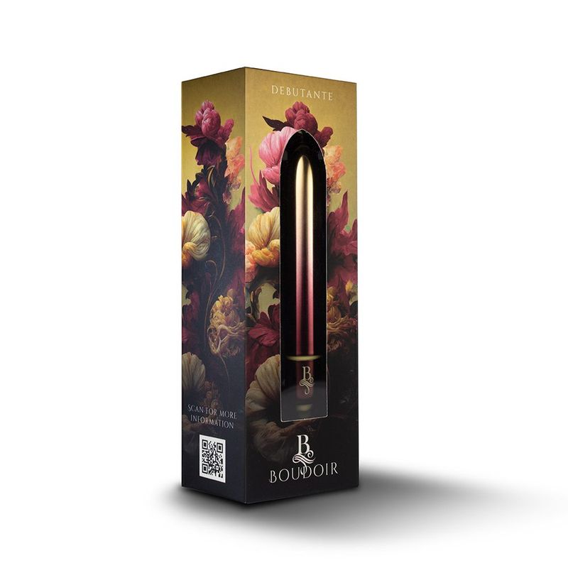 Boudoir Debutante Bullet waterproof bullet vibrator packaging featuring floral design and elegant branding.