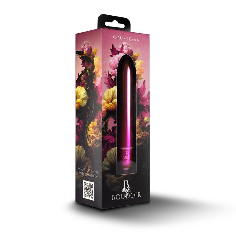 Packaging of the Boudoir Courtesan Bullet, a waterproof bullet vibrator with vibrant floral design.