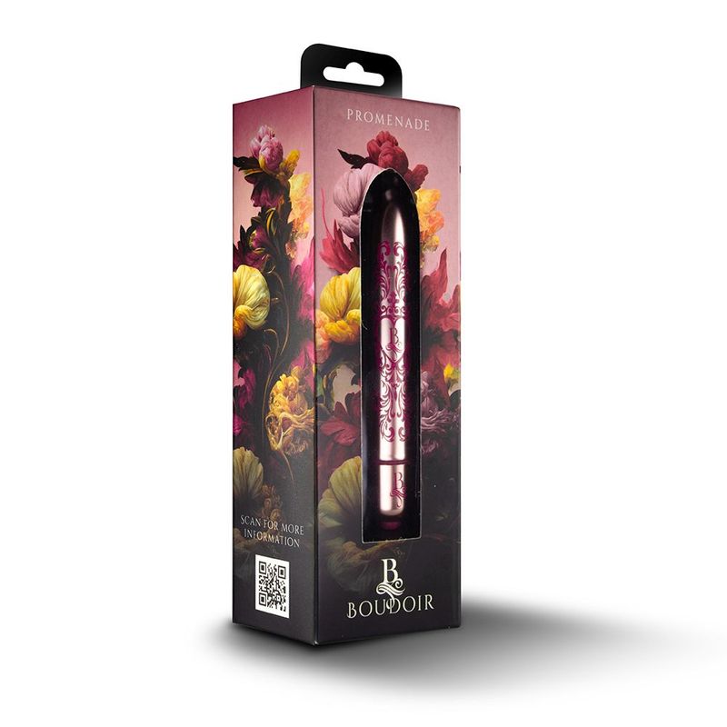 Boudoir Promenade bullet vibrator packaging showcasing a waterproof bullet vibrator in elegant floral design.