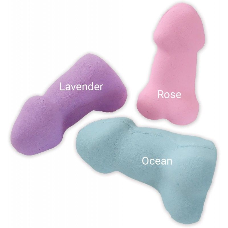 Erotic pecker bath bombs in lavender, rose, and ocean scents shaped like penises.
