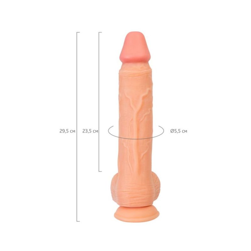 Realistic dildo with suction cup showing dimensions 29.5cm length, 5.5cm diameter, 23.5cm insertable length.