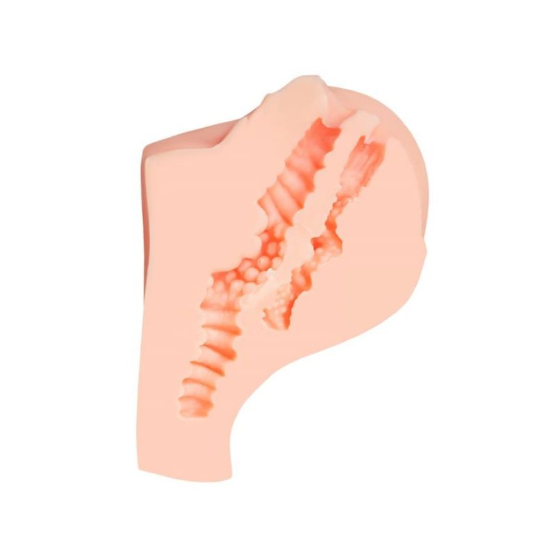 realistic butt masturbator featuring textured vaginal and anal tunnels for enhanced stimulation.