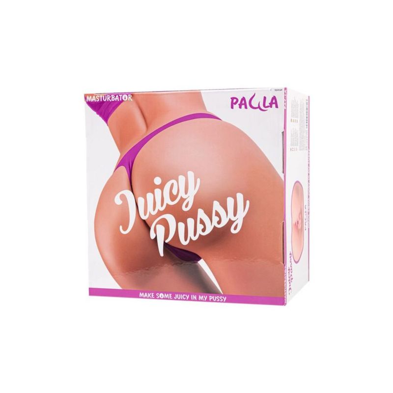 Juicy Butt Masturbator Paula packaging featuring sensual design and playful text on box.