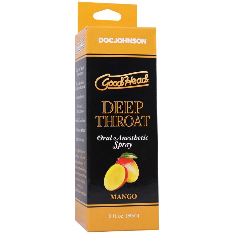 GoodHead Deep Throat Spray Mango 59ml product packaging featuring mango flavor and oral anesthetic spray by Doc Johnson.