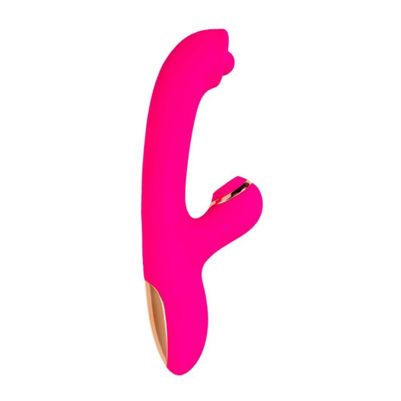 JOS Rolli dual-action clitoral vibrator in vibrant pink silicone with innovative design for G-spot and clitoral stimulation.