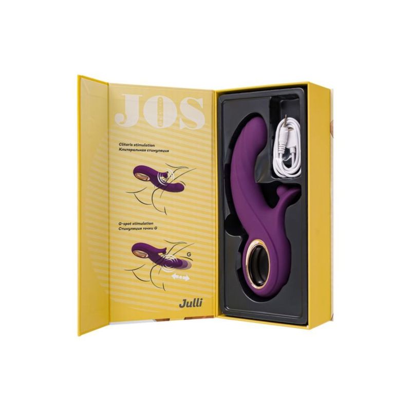 JOS Julli rabbit vibrator in packaging with instructions and charging cable, showcasing its unique design.