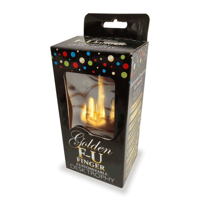 Golden FU Finger Trophy in packaging, fully customizable FU Finger Trophy for unique recognition.