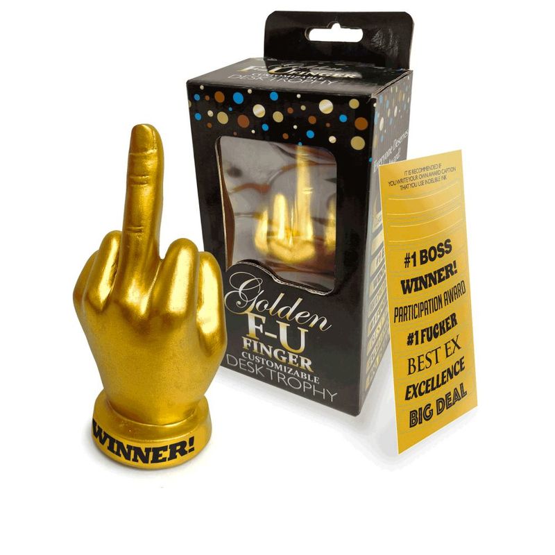 Golden FU Finger Trophy showcasing customizable FU Finger Trophy in a colorful box with award titles.