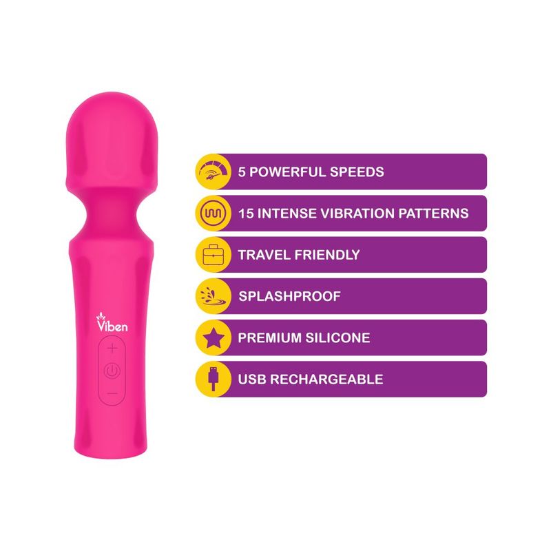 Viben Mighty Muse Massager hot pink, a powerful wand massager with 5 speeds and 15 vibration patterns, travel-friendly.