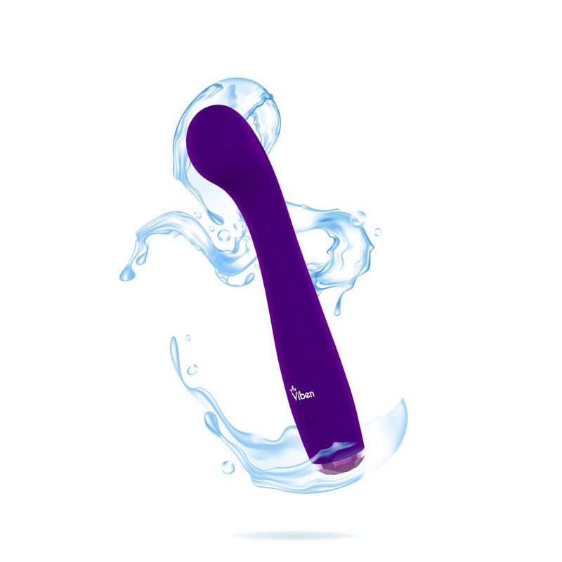 Viben Devotion Violet g-spot vibrator surrounded by water droplets for enhanced stimulation.