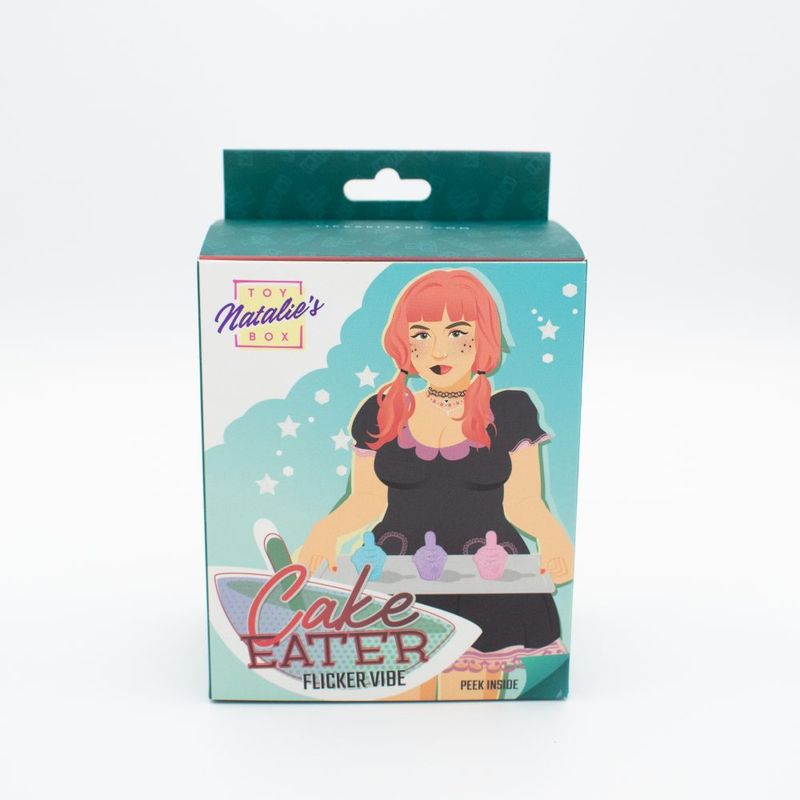 Colorful packaging of the Cake Eater Clit Flicker Stimulator by Toy Natalie, featuring a stylish illustration and product details.