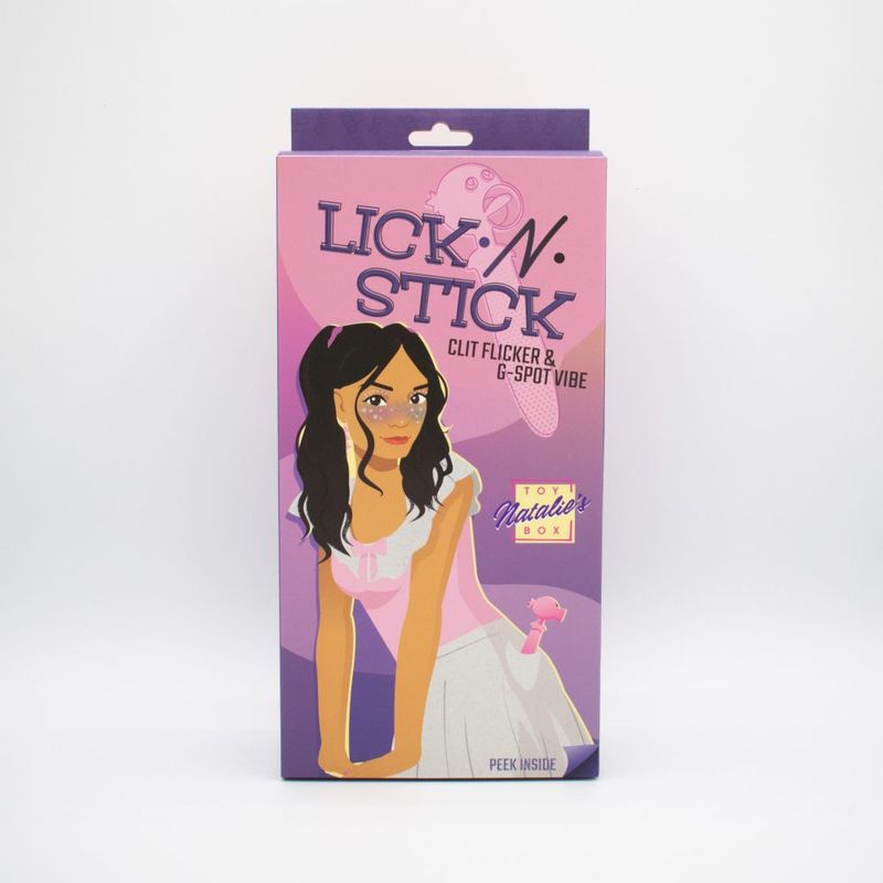 Lick N' Stick Clit Flicker & G-Spot Vibrator packaging featuring a colorful female illustration.