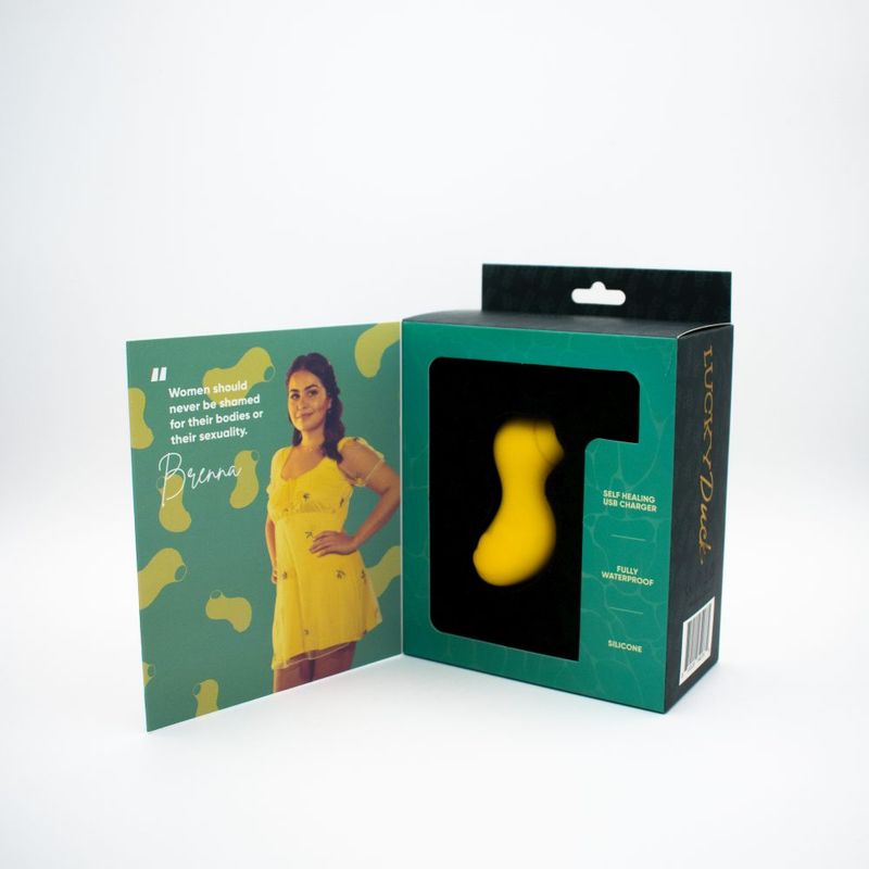 Lucky Duck Suction Stimulator packaging with model illustration, showcasing clitoral suction stimulator features.