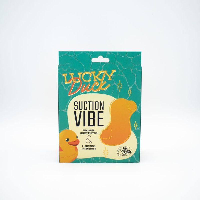 Lucky Duck Suction Stimulator packaging featuring a cute duck illustration and details on suction vibe features.
