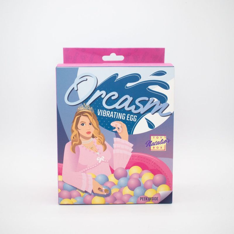 Packaging for Orcasm Remote Controlled Wearable Egg Vibrator in colorful design with a female character.